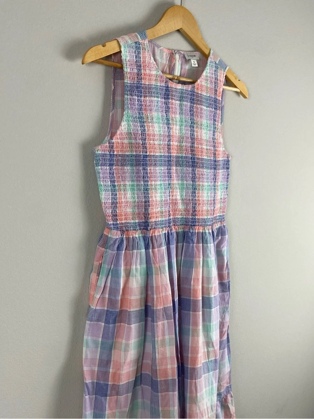J. Crew Factory Pastel Plaid Smocked Midi Dress | 2 Pockets | Multicolor - Picture 7 of 16